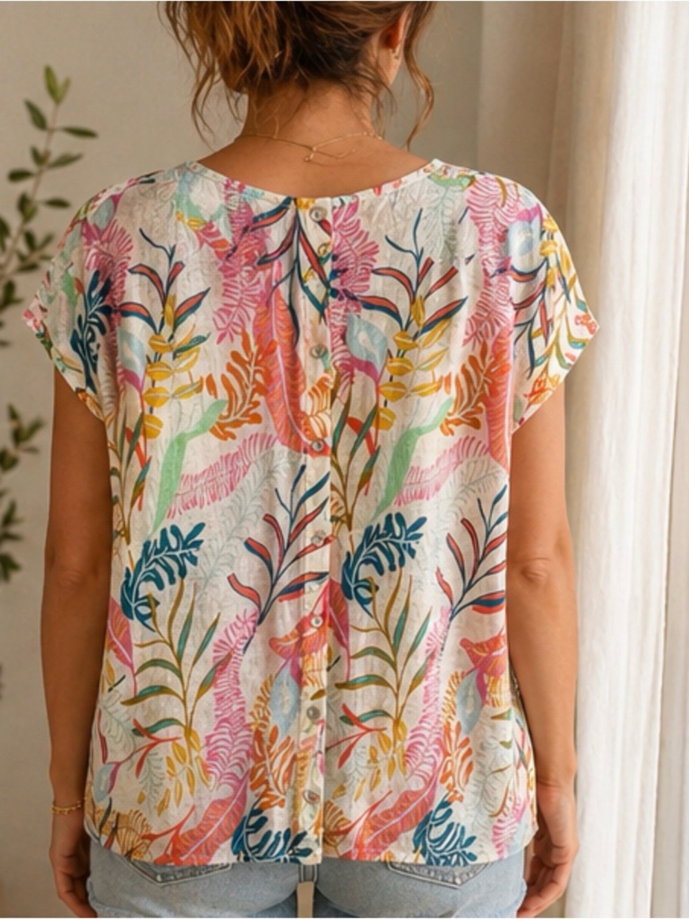 Cynthia Rowley Linen Tropical Blouse XL Button Back Coastal Boho Top Resortwear - Picture 2 of 13